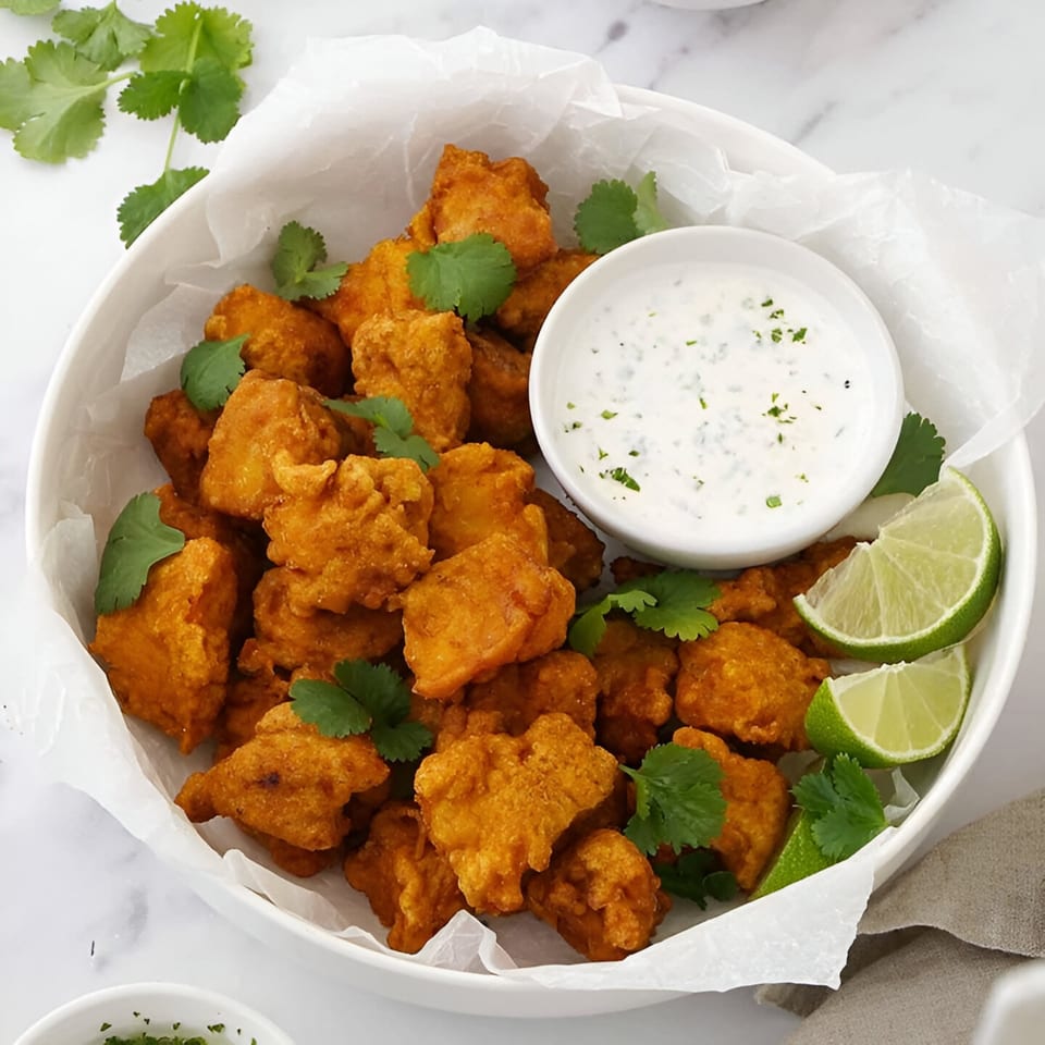 A white bowl filled with golden fried chicken pakora, garnished with cilantro, lime, and a side of dipping sauce.