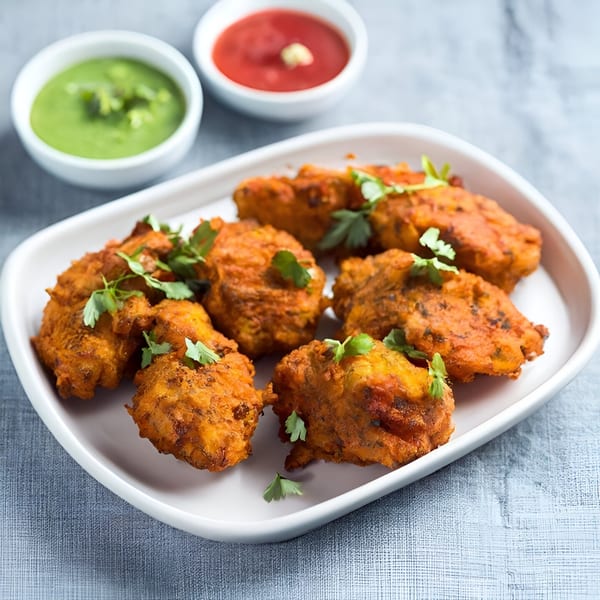 A white platter of golden-brown Pakistani pakoras garnished with cilantro, served with green and red chutneys.