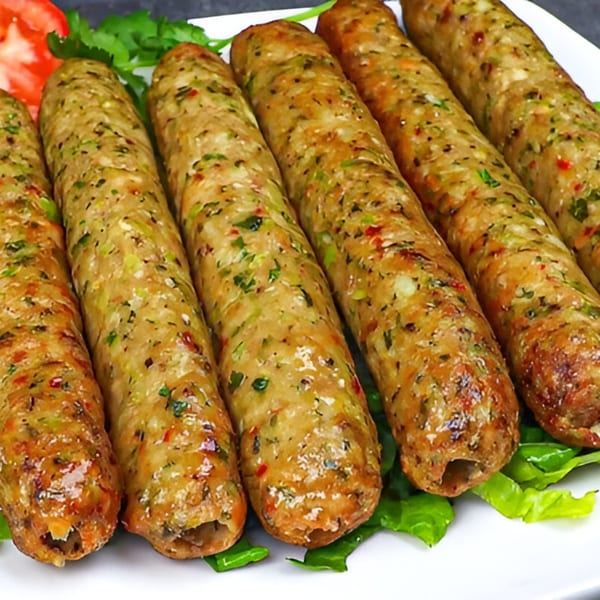 Six Haveli Grill Pakistani seekh kebabs, garnished with fresh cilantro and a tomato slice.
